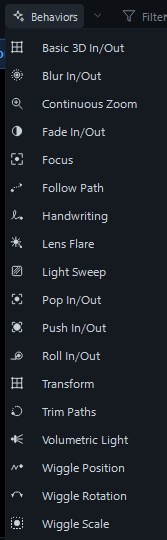 Menu Behaviors do Animagic com 18 itens, de Basic 3D In/Out a Wiggle Scale
