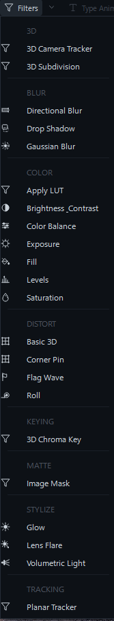 Menu Filters do Animagic com 22 filtros organizados em oito categorias