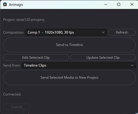 Janela do script Animagic conectada ao projeto teste120.emcproj, com a composição Comp 1 de 1920x1080 a 30 fps e os botões Send to Timeline, Edit Selected Clip, Update Selected Clip e Send Selected Media to New Project