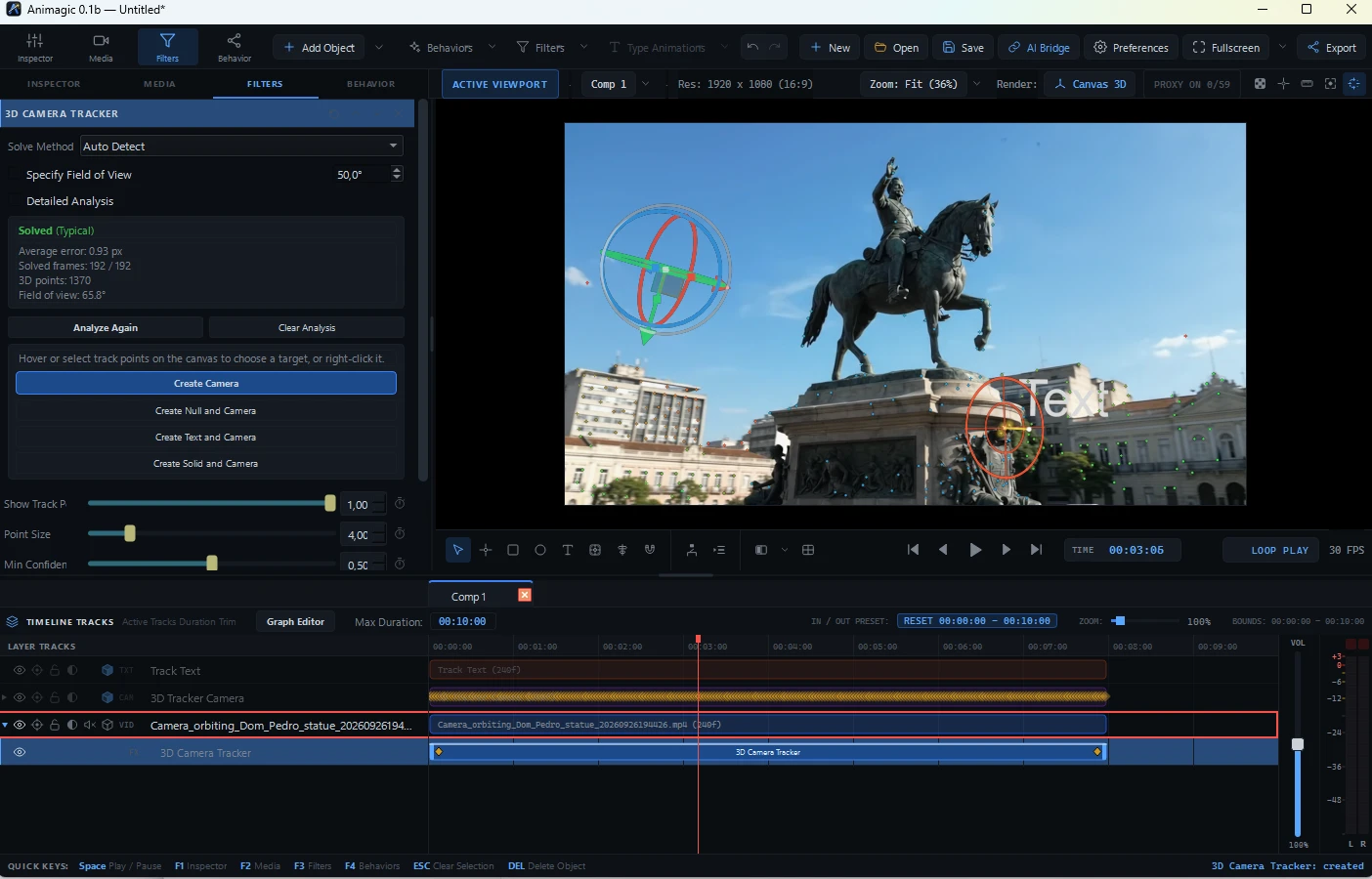 3D Camera Tracker resolvido em uma filmagem orbitando a estátua de Dom Pedro, com alvos 3D posicionados na cena, um texto preso ao pedestal e o painel mostrando 192 de 192 quadros resolvidos, 1.370 pontos 3D e erro médio de 0,93 px