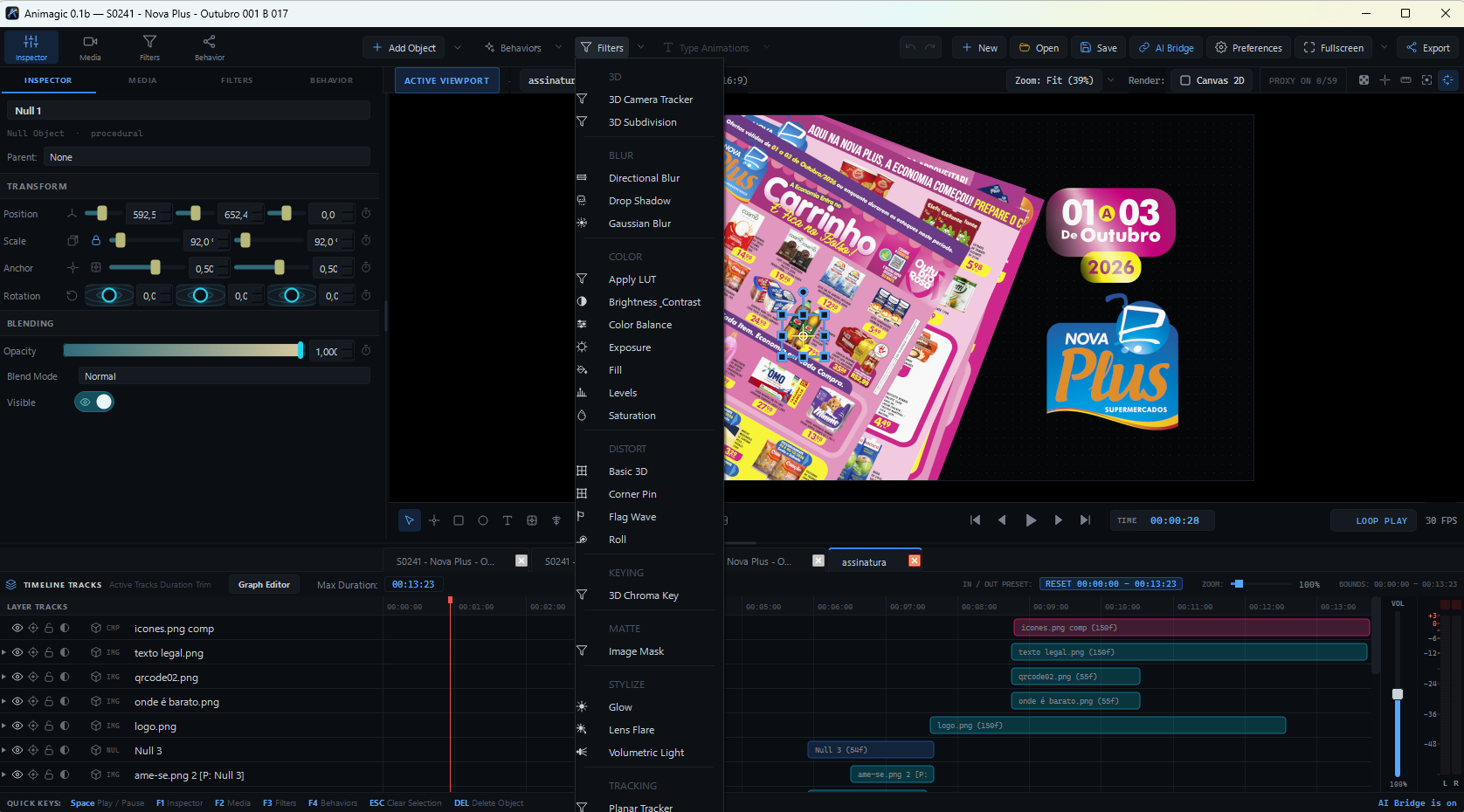 Editor do Animagic com o menu Filters aberto sobre um projeto de encarte de supermercado, mostrando as categorias 3D, Blur, Color, Distort, Keying, Matte, Stylize e Tracking