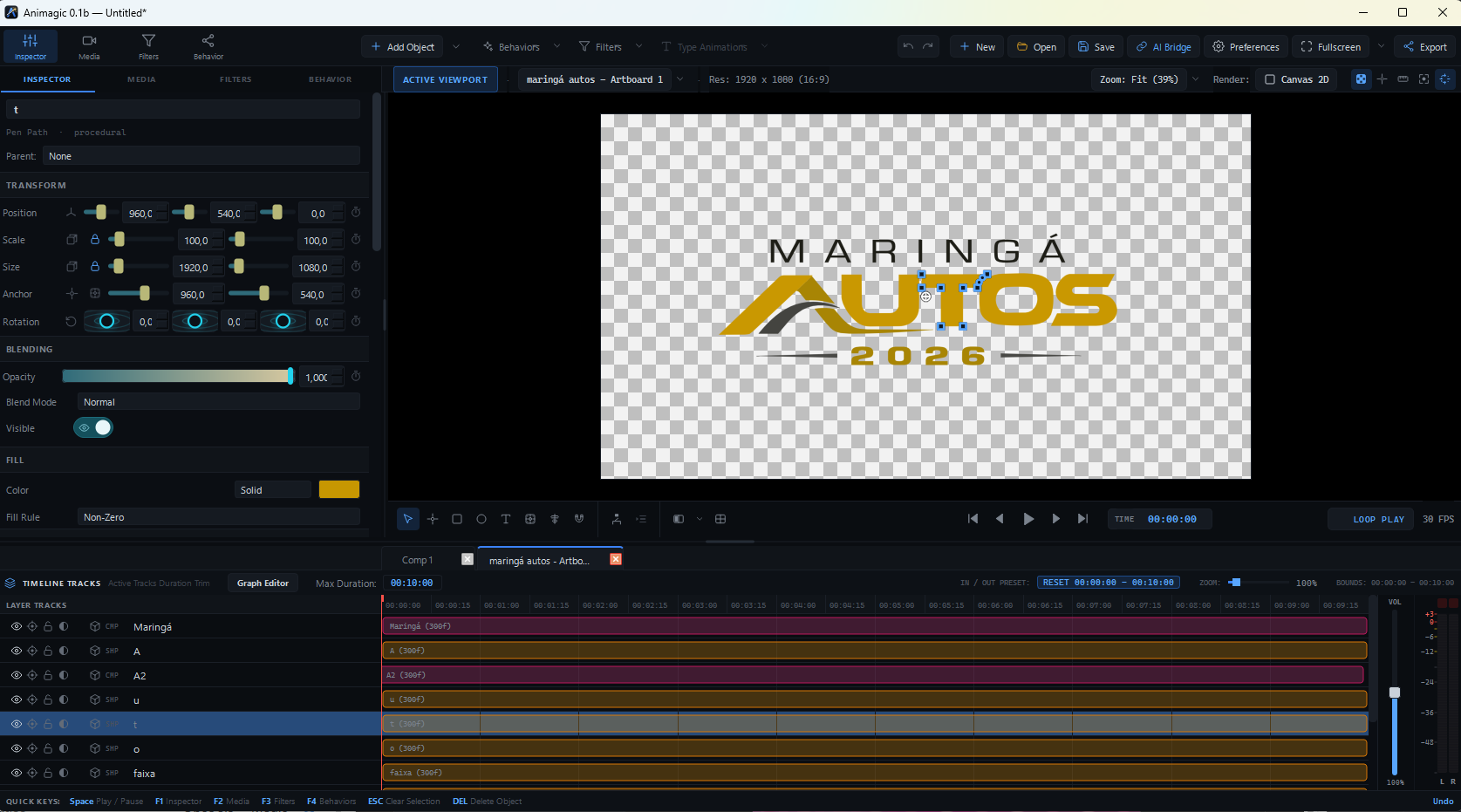 Logotipo Maringá Autos 2026 importado de um arquivo do Illustrator, separado em camadas como Maringá, A, u, t, o e faixa na timeline, com a letra t selecionada como caminho editável